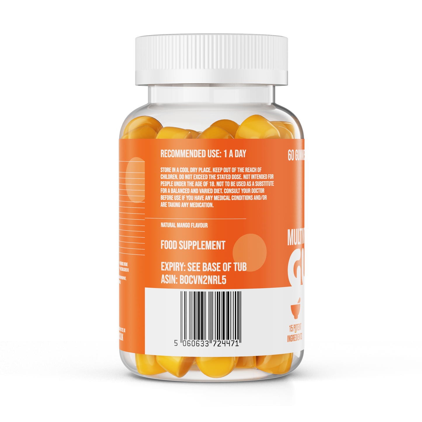 Multivitamins Gummies - High Strength 15 Ingredients - Vitamin D & K2, Zinc, Vitamin B Complex, Inositol x 60 (Mango Flavour)