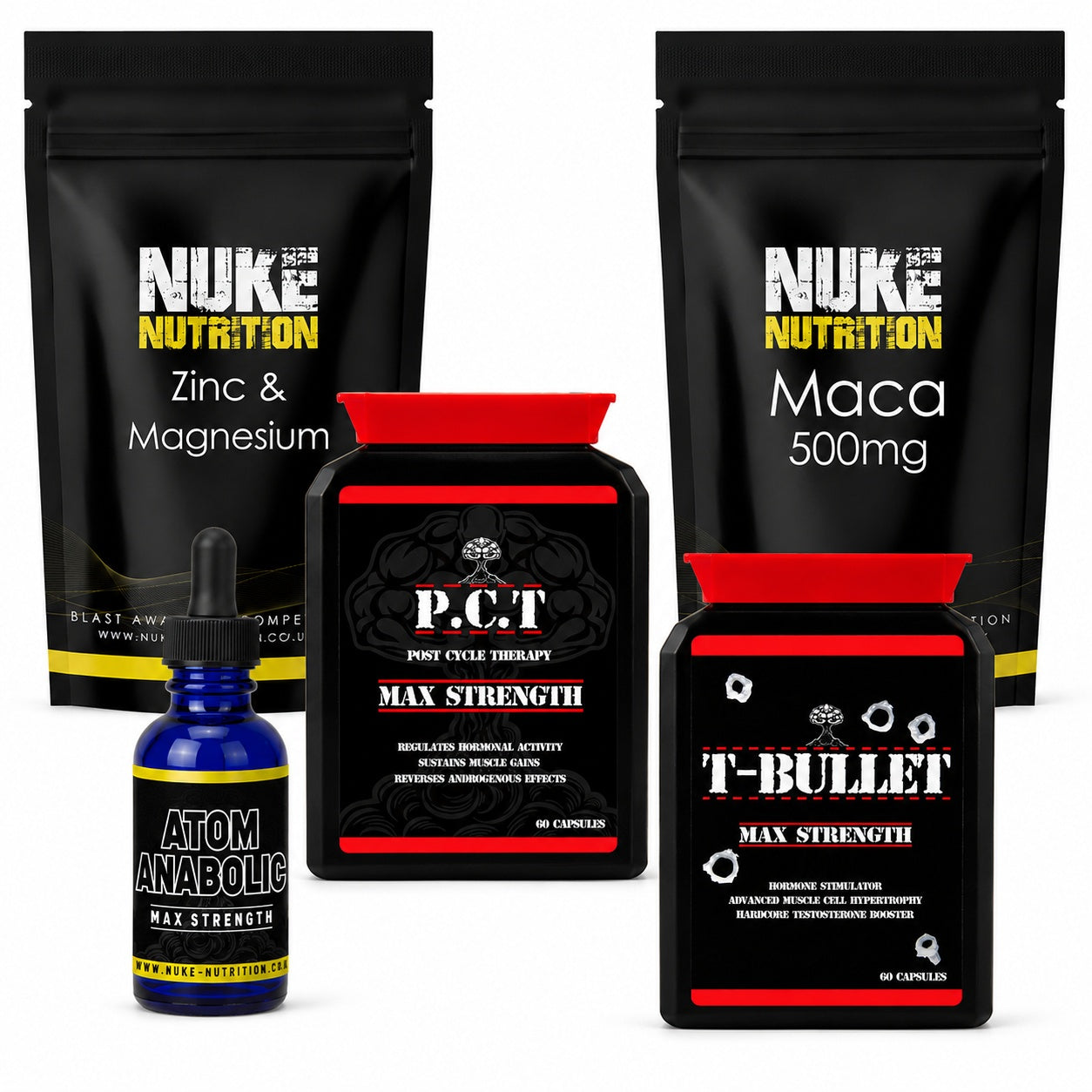 Ultimate Testosterone Booster Muscle Growth Stack Atom, T Bullets, PCT, Maca, Zinc & Magnesium